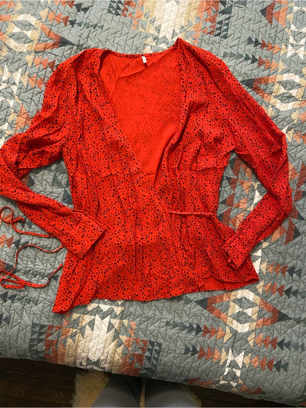 Just Female Red V-Neck Long Sleeve Peplum Blouse